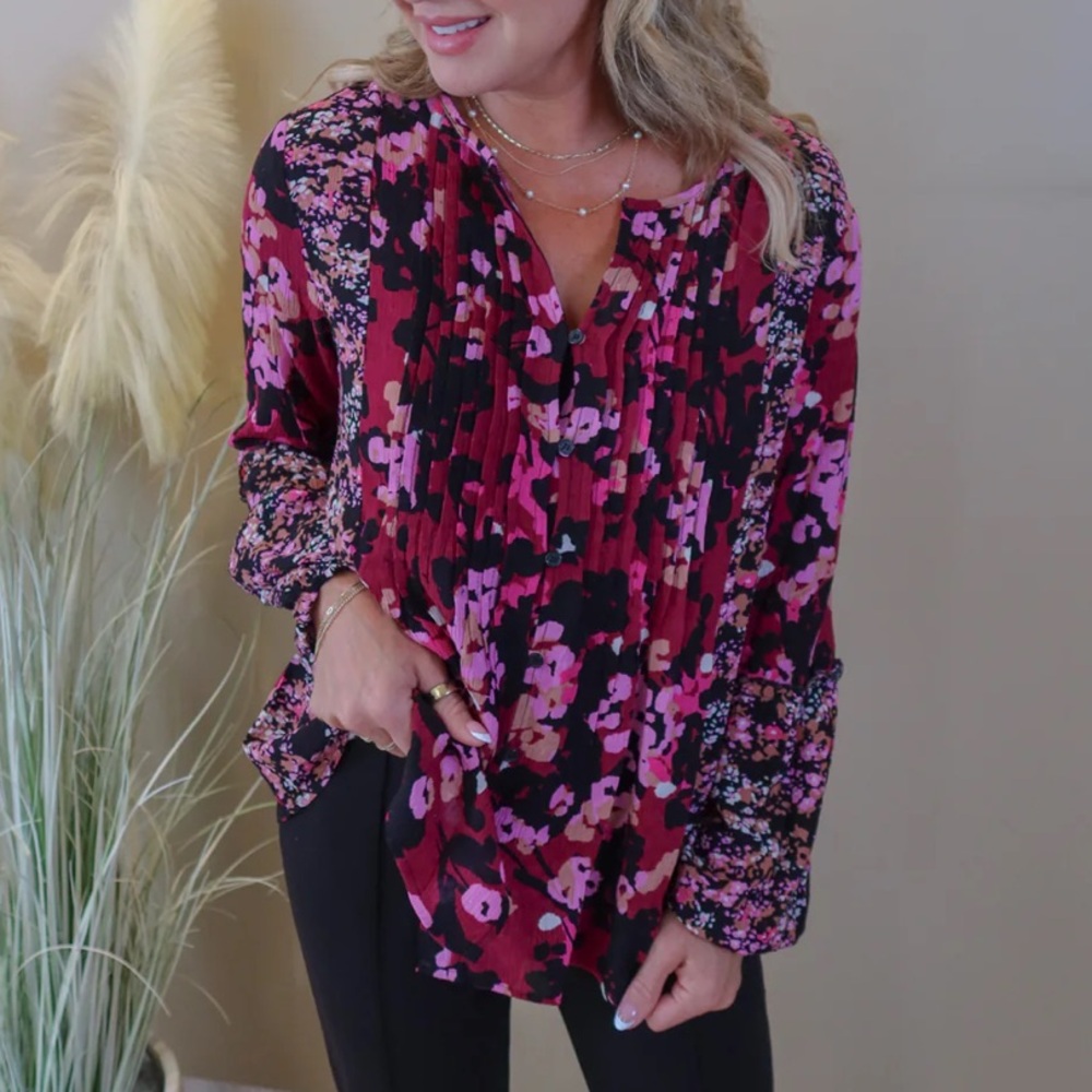 NWT Tribal Women's Floral Blouse - Pink and Black Ditsy Mixed Print Size M